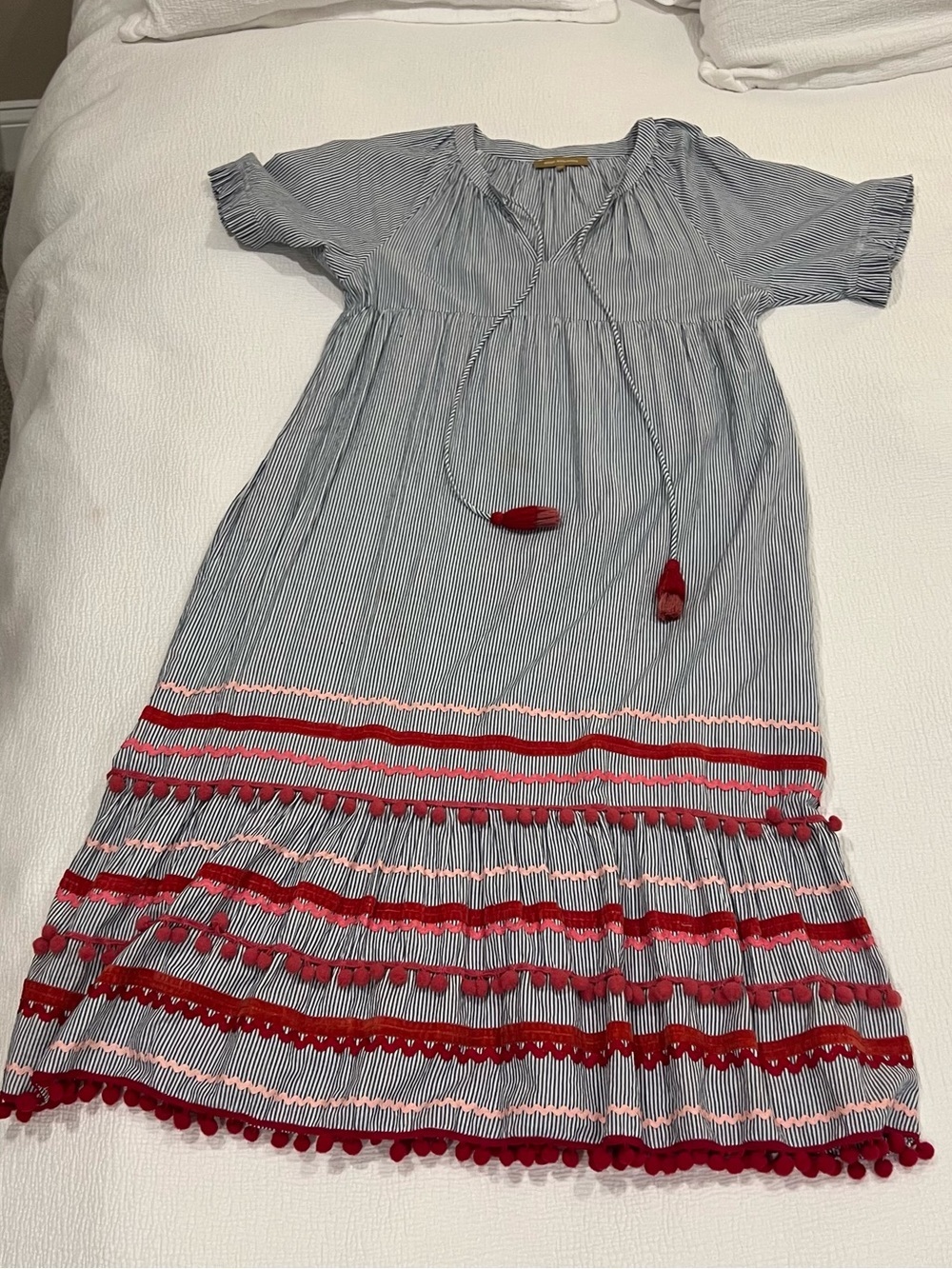 Midi Striped Dress with Red Trim and Tassels Womens Small - Picture 3 of 11